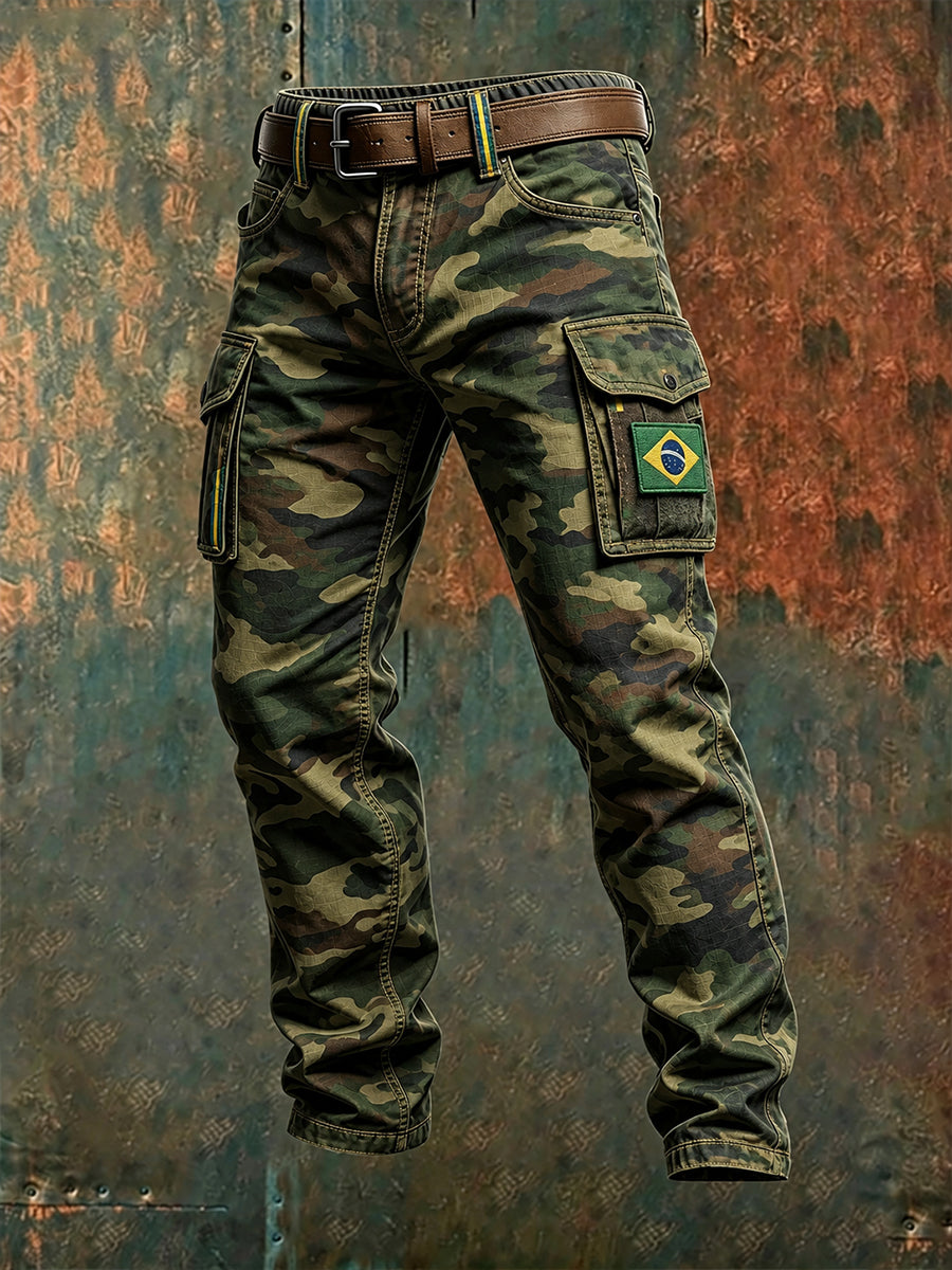 Calças longas de carga de impressão gráfica patriótica temática veterana masculina