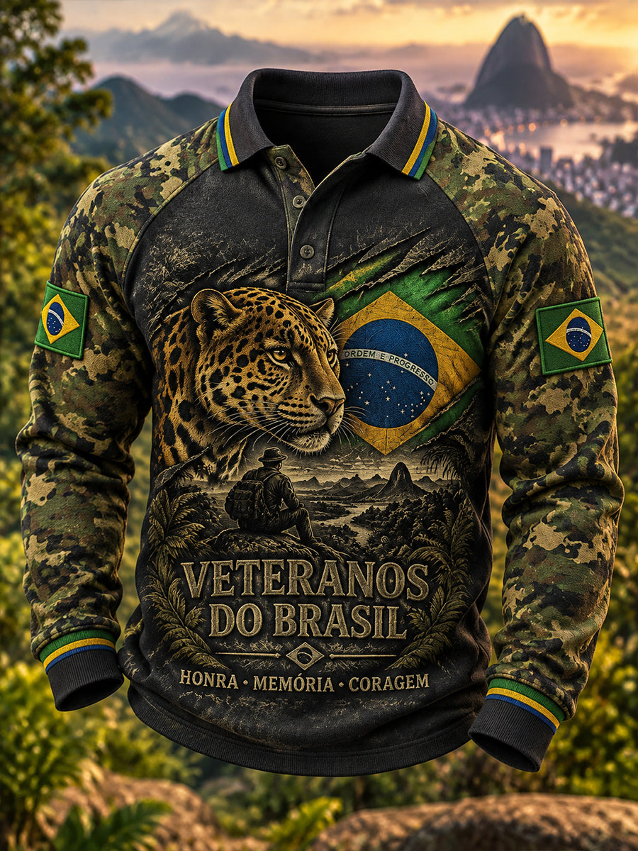 Camisa polo de manga raglan, de mangas compridas, com tema do Memorial dos Veteranos, para homens