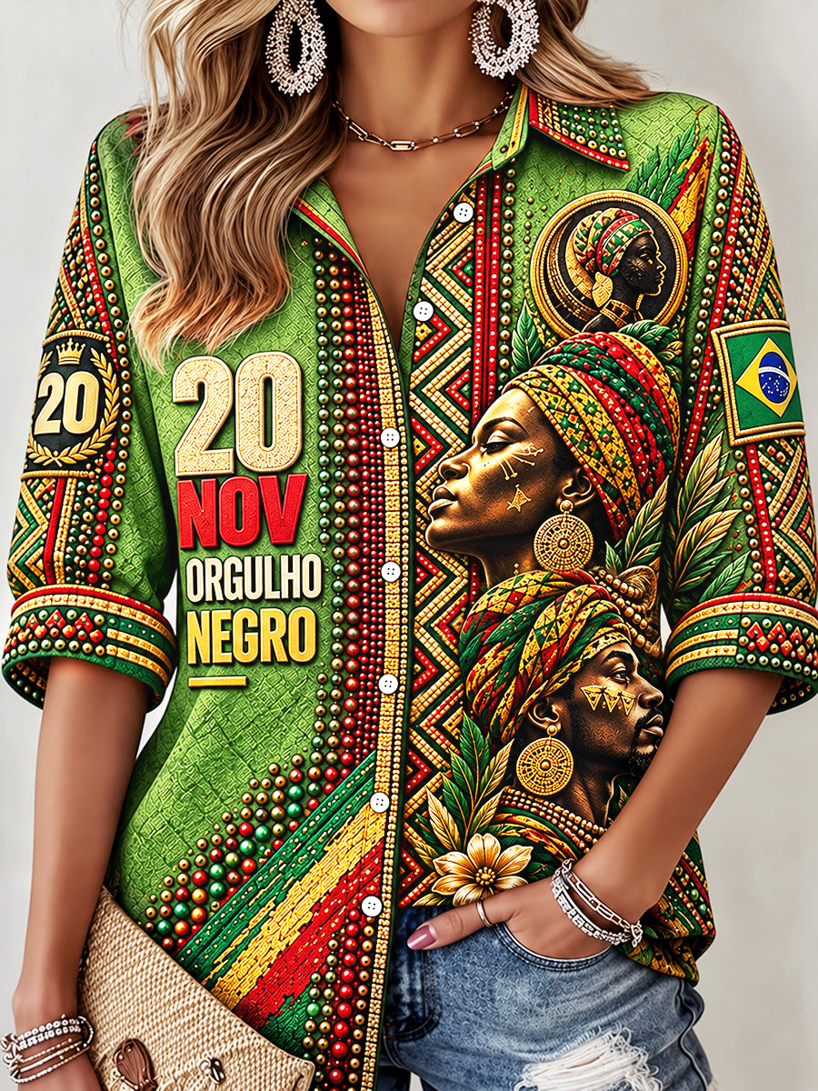 Consciência Negra Brasileira Verde Dia das Mulheres Imprimir Camisa Casual
