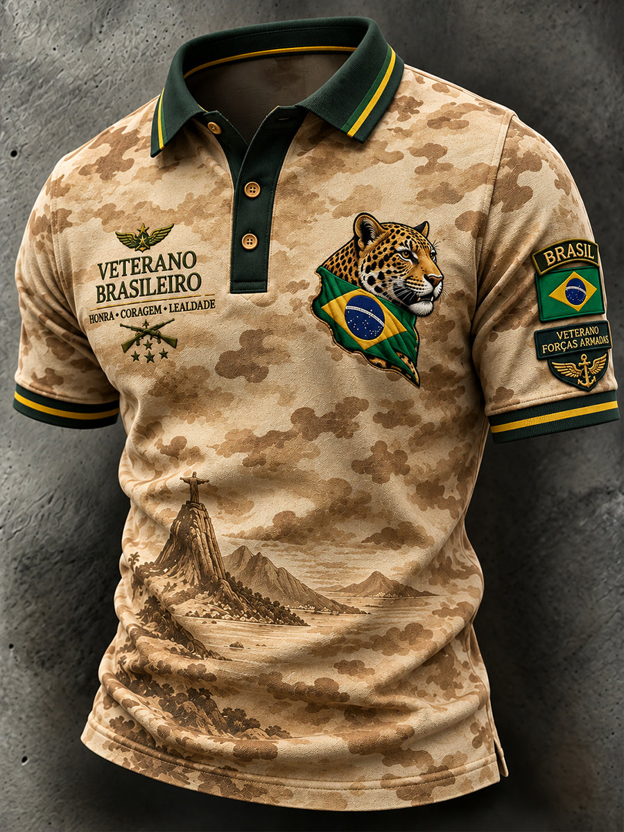 Camisa polo de manga curta para homem com estampa de camuflagem de inspiração militar