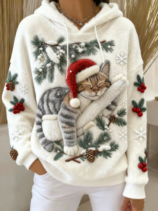 Gato bonito do Natal do mulheres arte impressão Casual flanela Hoodie