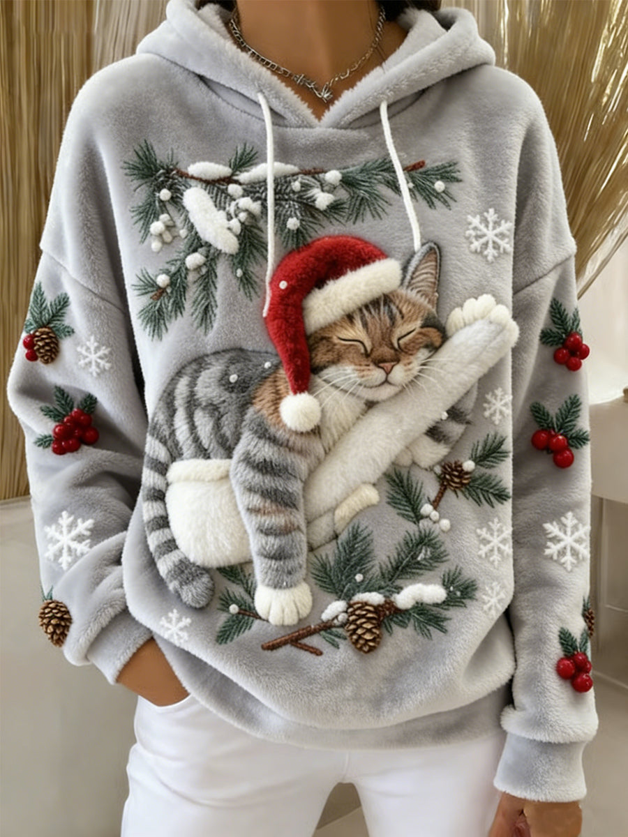 Gato bonito do Natal do mulheres arte impressão Casual flanela Hoodie