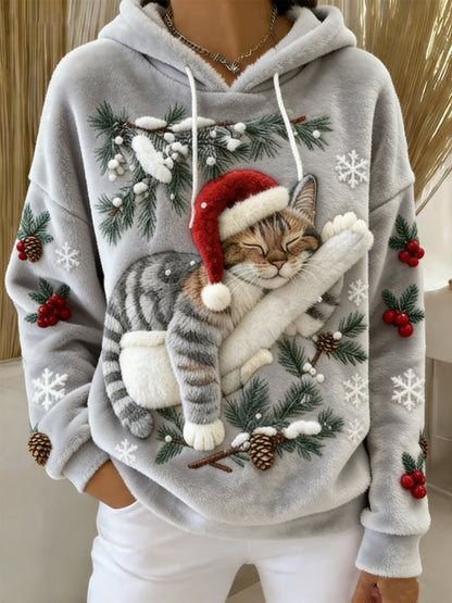 Gato bonito do Natal do mulheres arte impressão Casual flanela Hoodie