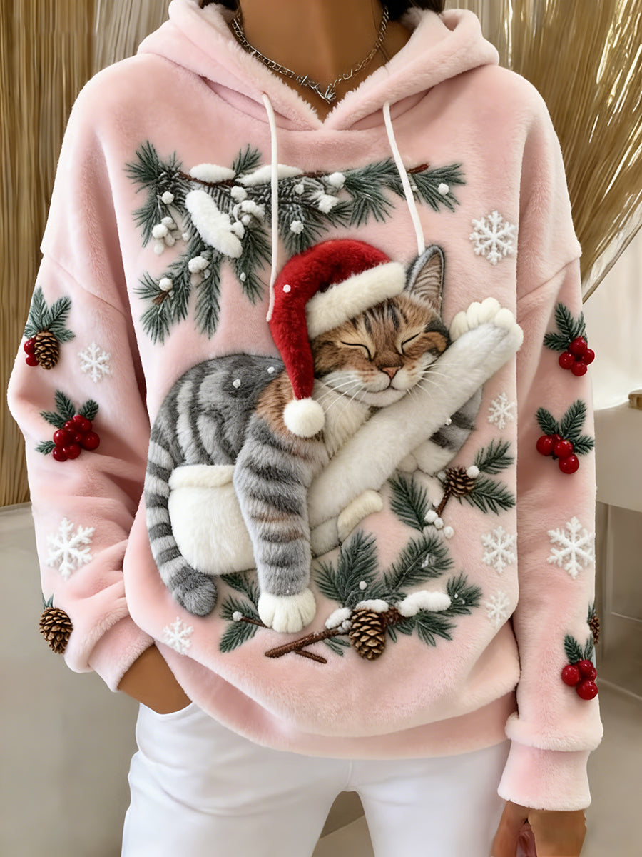 Gato bonito do Natal do mulheres arte impressão Casual flanela Hoodie