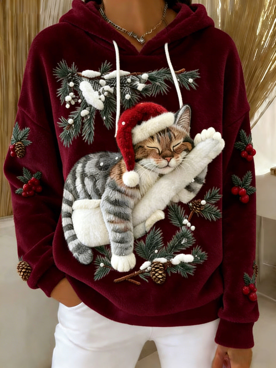 Gato bonito do Natal do mulheres arte impressão Casual flanela Hoodie