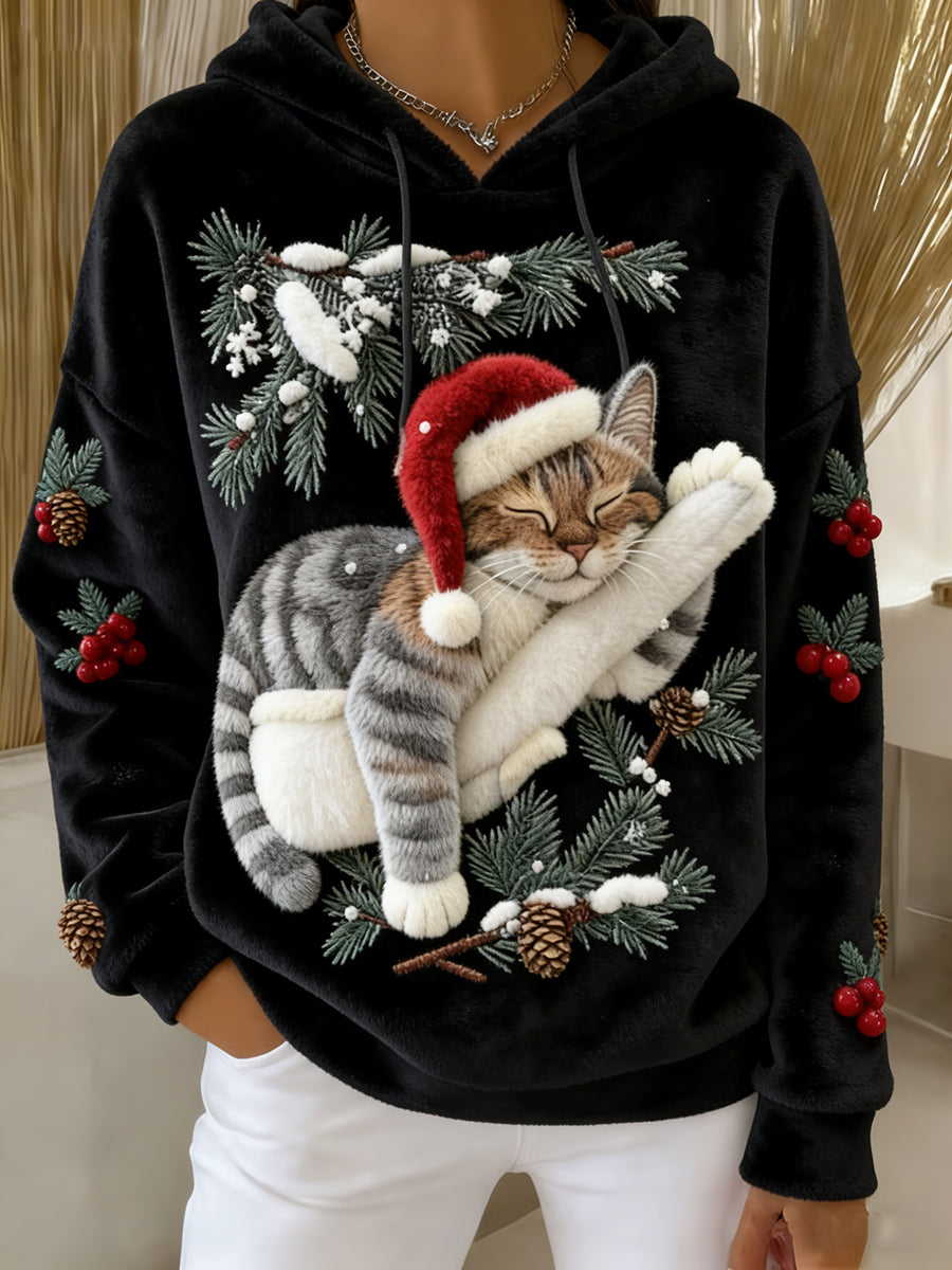 Gato bonito do Natal do mulheres arte impressão Casual flanela Hoodie