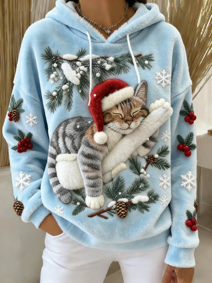 Gato bonito do Natal do mulheres arte impressão Casual flanela Hoodie
