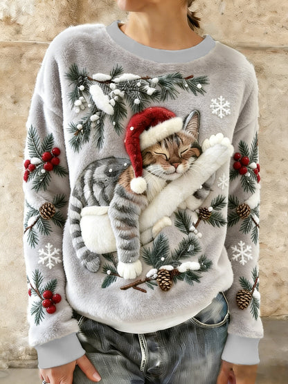 Gato bonito do Natal do mulheres arte impressão Casual flanela Hoodie
