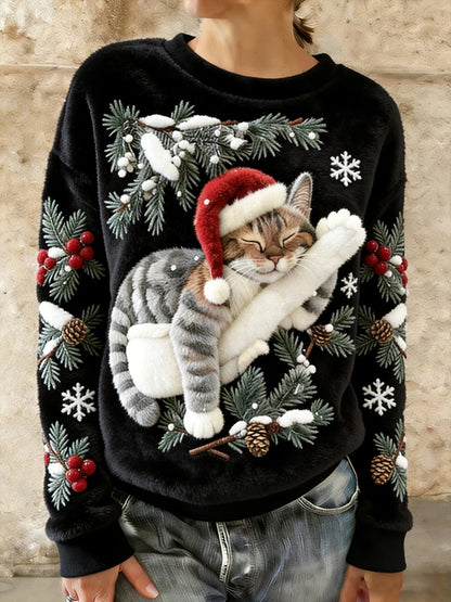 Gato bonito do Natal do mulheres arte impressão Casual flanela Hoodie