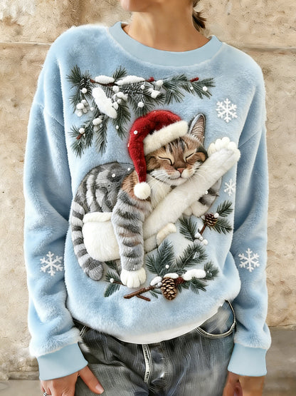 Gato bonito do Natal do mulheres arte impressão Casual flanela Hoodie