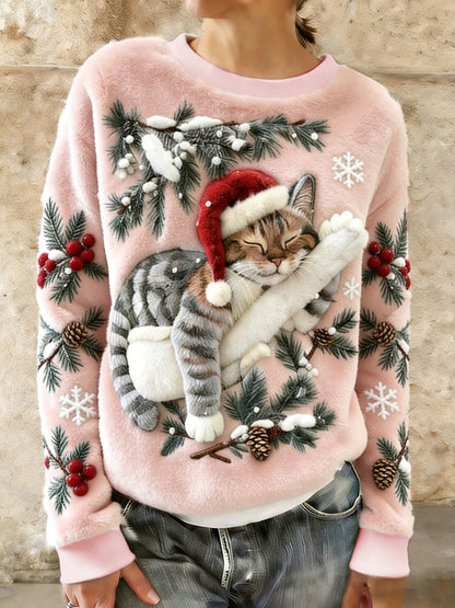 Gato bonito do Natal do mulheres arte impressão Casual flanela Hoodie