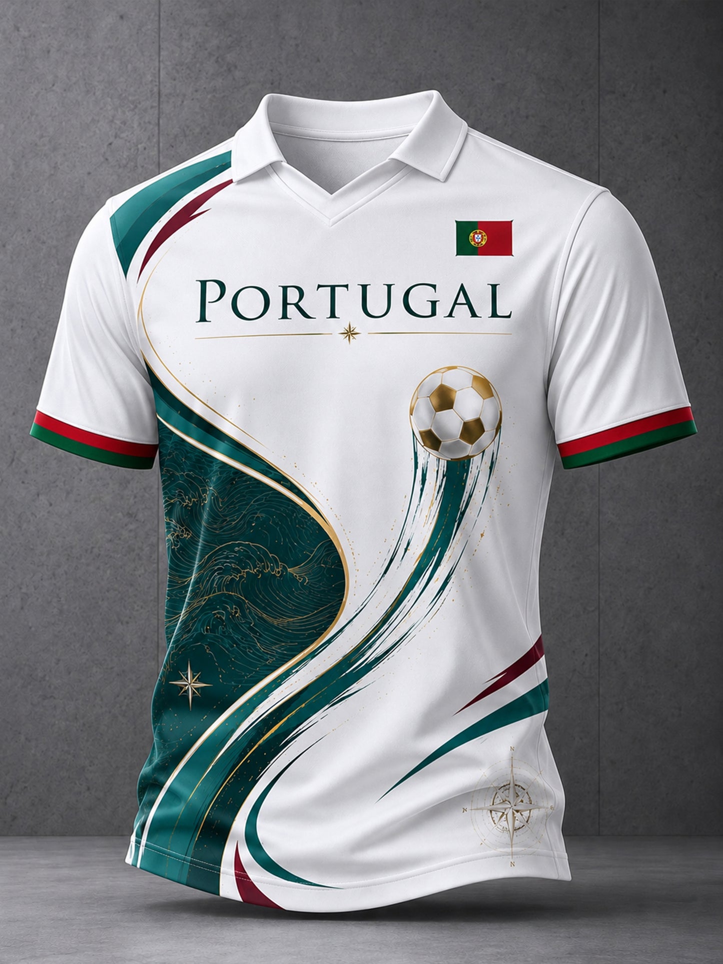 Camiseta com Gola em V e Estampa de Arte para Fãs de Futebol de Portugal – Masculina