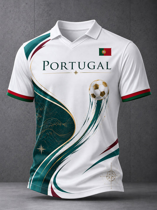 Camiseta com Gola em V e Estampa de Arte para Fãs de Futebol de Portugal – Masculina