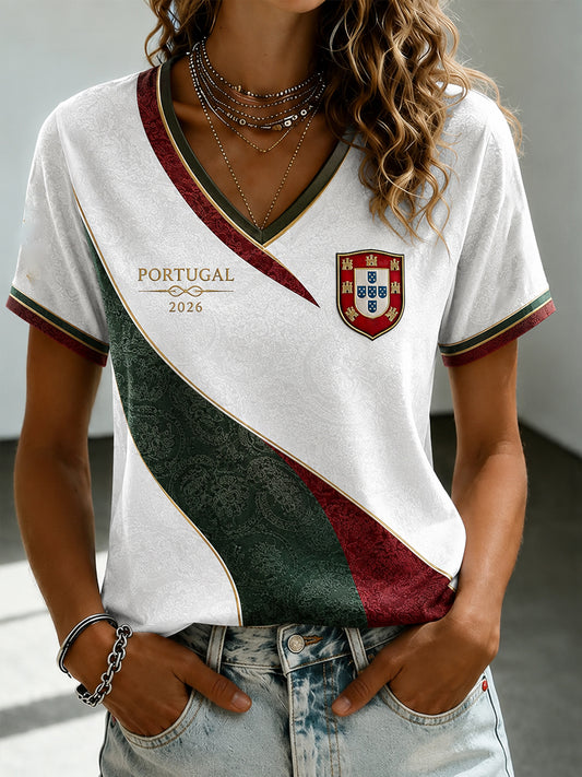T-shirt Impressa Futebol Português Feminino Decote V
