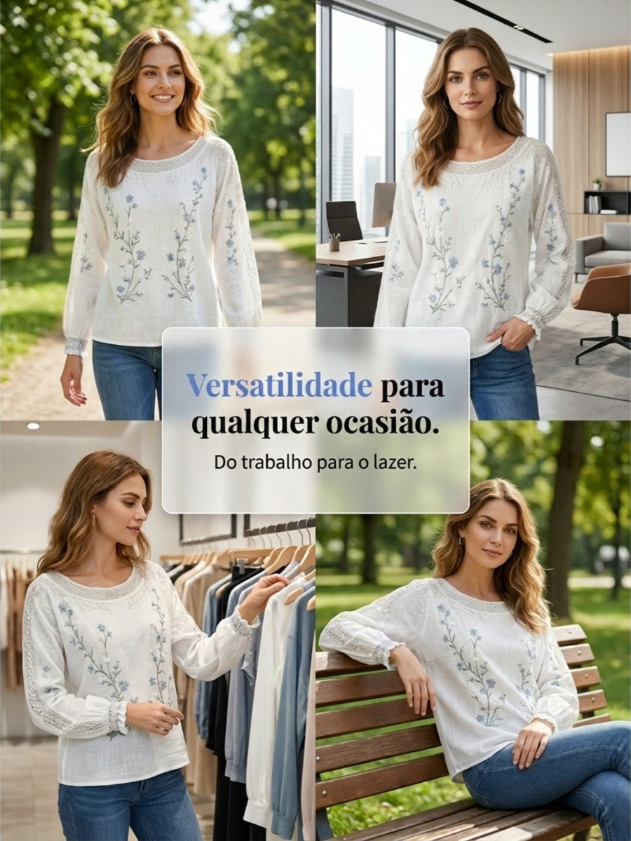 Blusa feminina casual de algodão-linho com estampa floral clássica