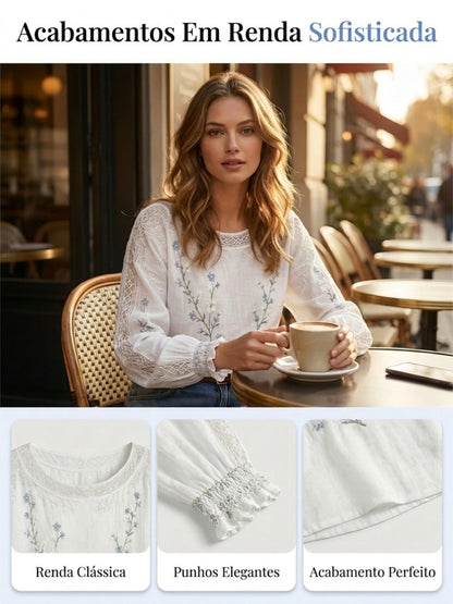 Blusa feminina casual de algodão-linho com estampa floral clássica