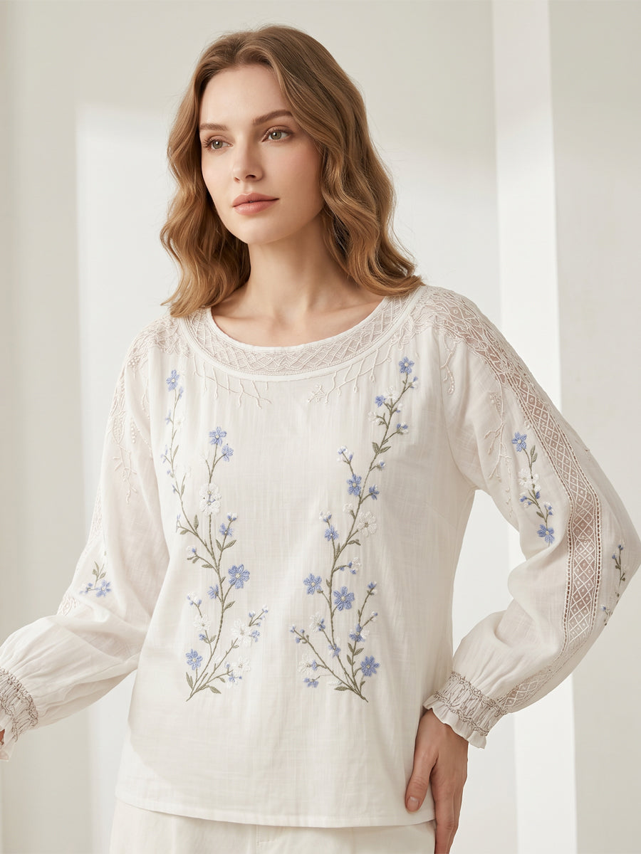 Blusa feminina casual de algodão-linho com estampa floral clássica