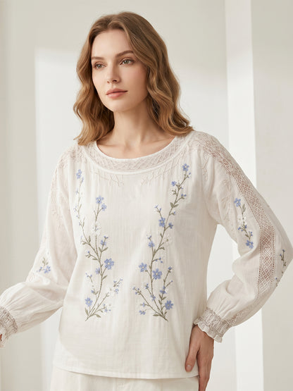 Blusa feminina casual de algodão-linho com estampa floral clássica