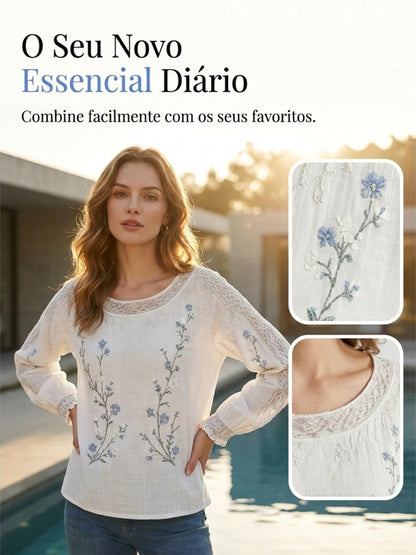 Blusa feminina casual de algodão-linho com estampa floral clássica