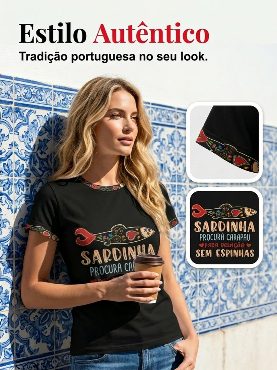 Women's Santos Populares Sardinha Art Impresso T-Shirt