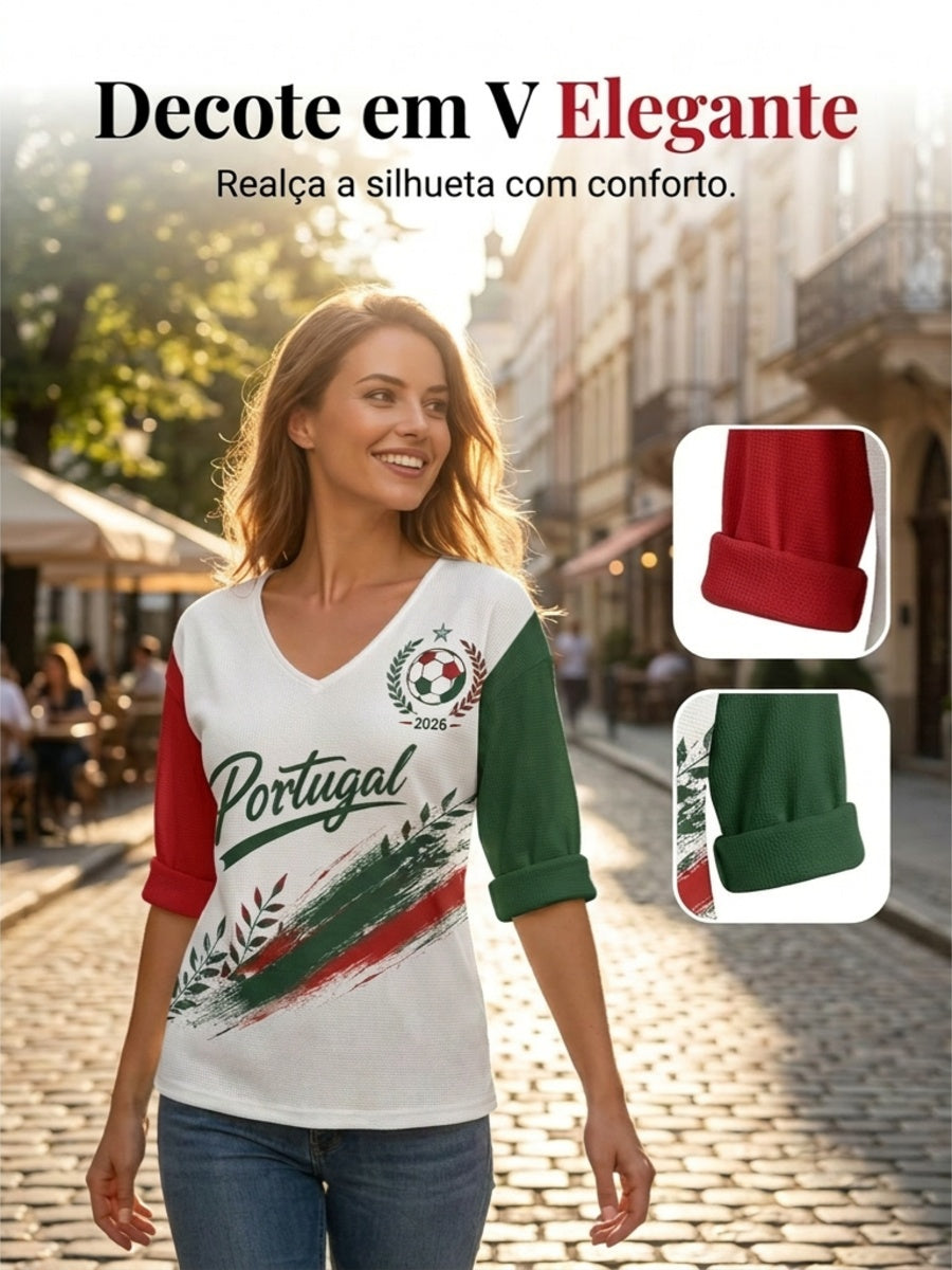Mulheres Portugal Futebol Jogo Cheering Art Print V-Neck Top