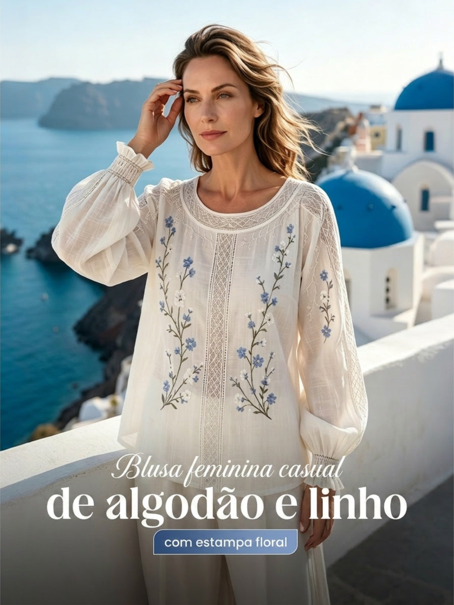 Blusa feminina casual de algodão-linho com estampa floral clássica