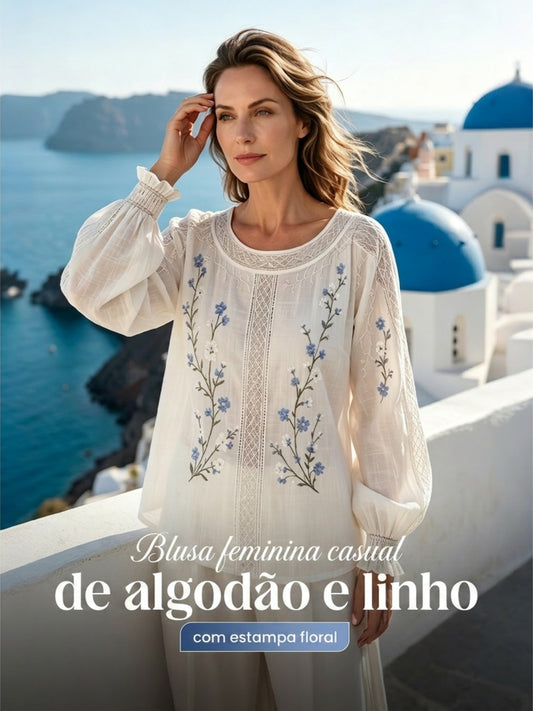 Blusa feminina casual de algodão-linho com estampa floral clássica