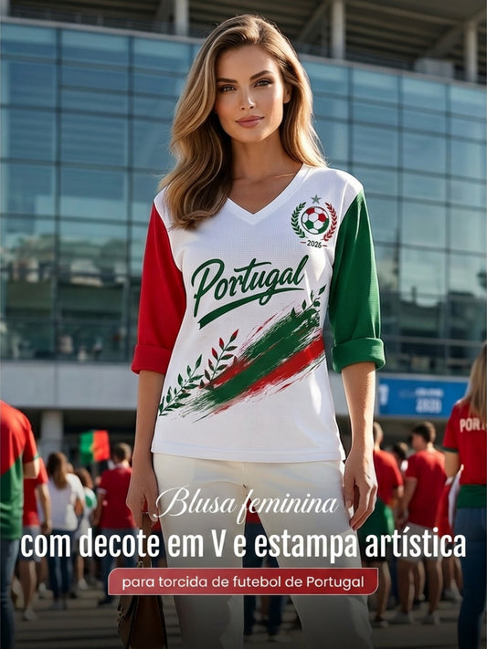 Mulheres Portugal Futebol Jogo Cheering Art Print V-Neck Top