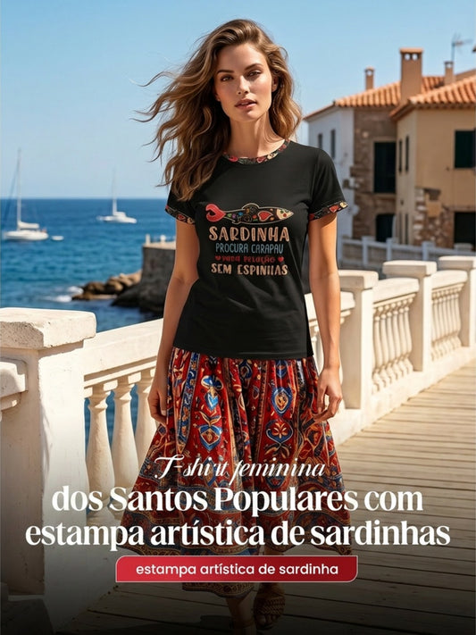 Women's Santos Populares Sardinha Art Impresso T-Shirt