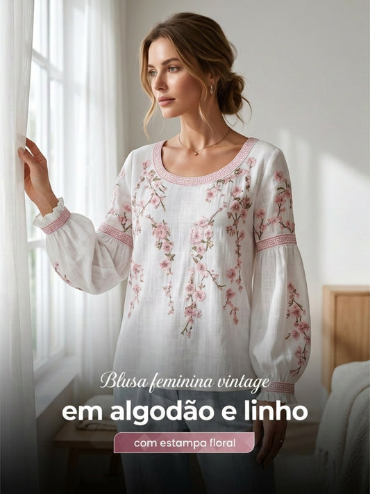 Feminino Estilo Vintage Casual Algodão-Linho Top com Bordado Floral e Patchwork Impresso