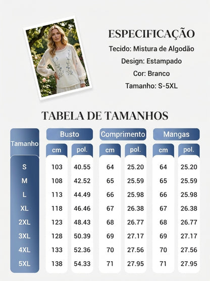 Blusa feminina casual de algodão-linho com estampa floral clássica