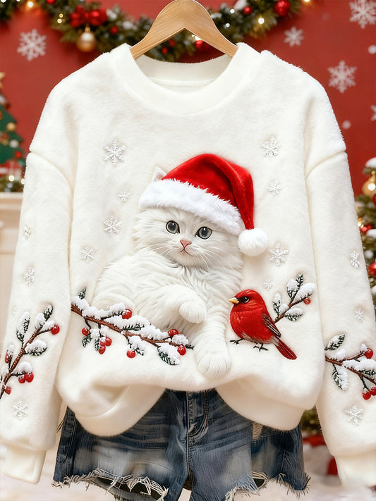 Gato de Natal bonito feminino arte impressão Casual flanela moletom