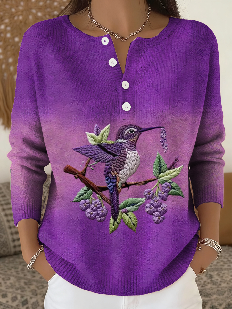 Cardigã de manga longa roxo gradiente colibri Floral impressão feminino