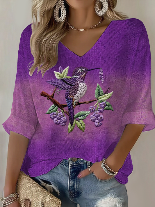 Gradiente roxo colibri Floral impressão Waffle t-shirt feminino