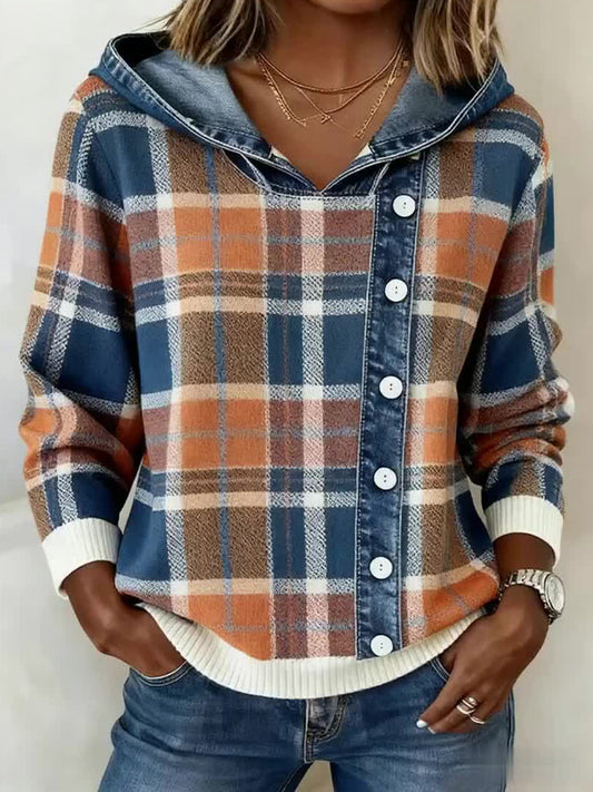 Vintage xadrez padrão Patchwork arte Hoodie do mulheres