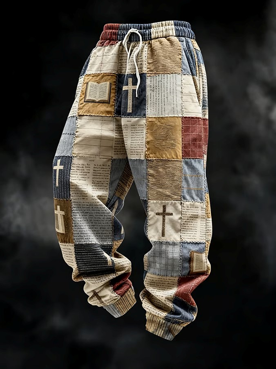 Patchwork de fé dos homens impressos calças soltas confortáveis Chic