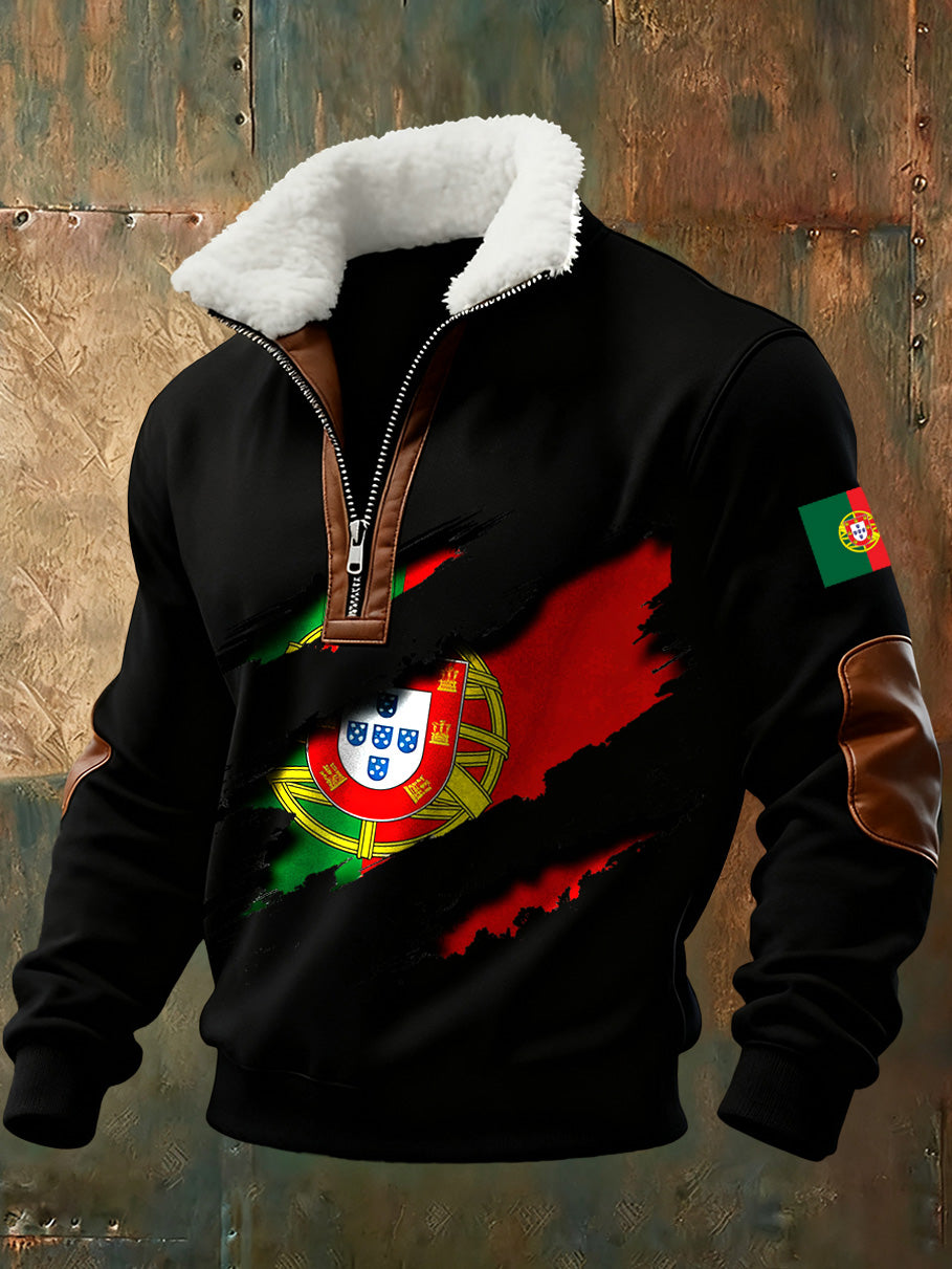 Arte Portuguesa Retro Casual gola de pele grossa moletom masculino