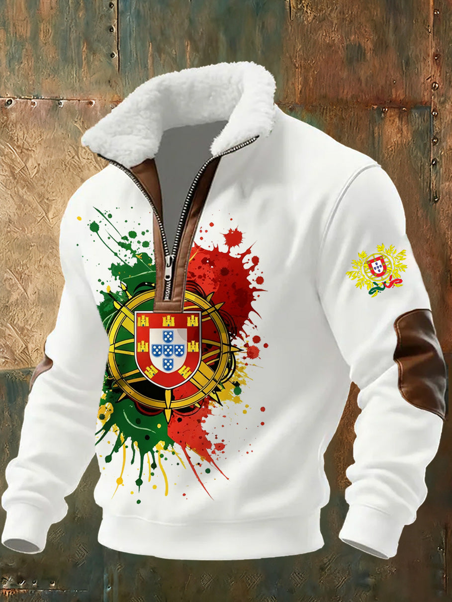 Arte Portuguesa Retro Casual gola de pele grossa moletom masculino