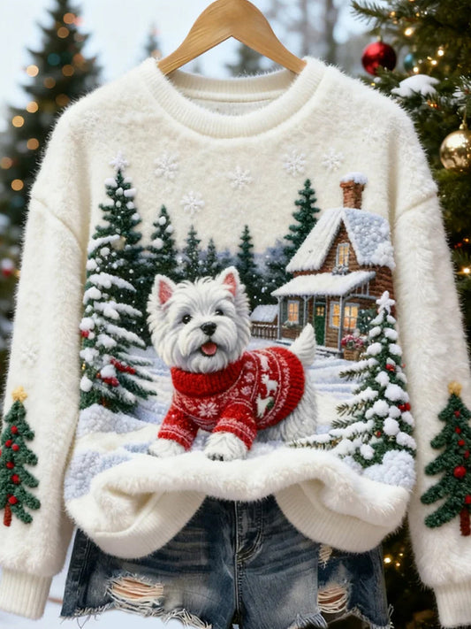 Arte de Natal retro animal feminino impressão Casual flanela Top