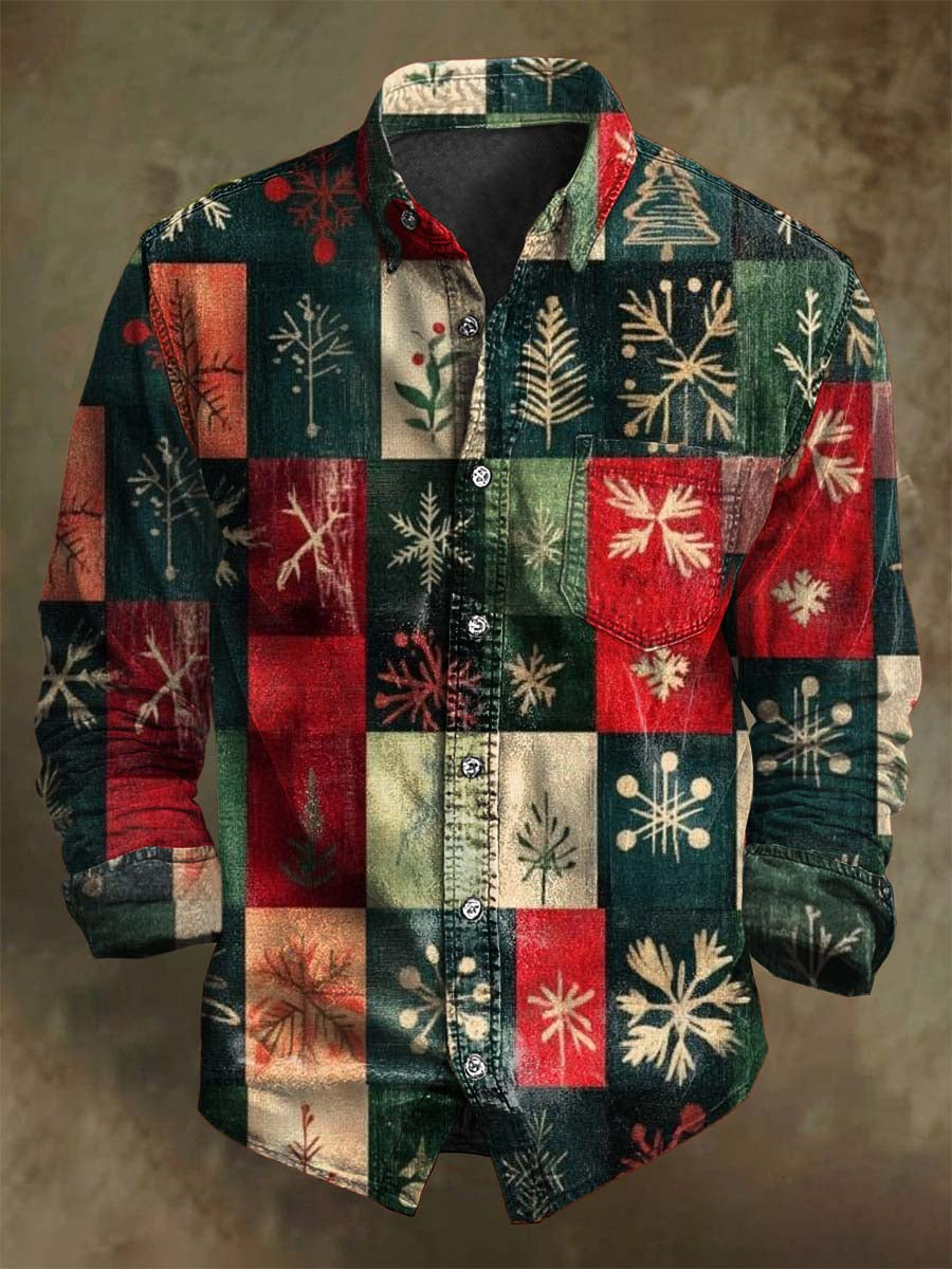 Xadrez vintage impressão Natal Casual manga longa camisa