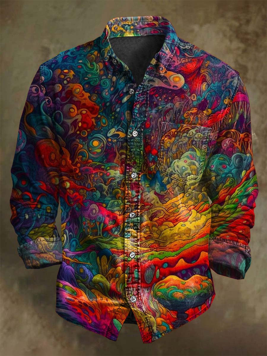 Impressão psicodélica abstrata colorida Casual camisa de manga longa