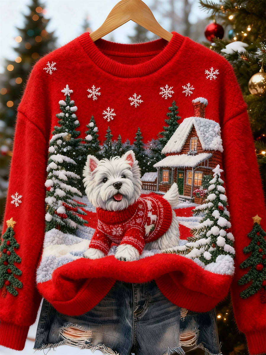 Arte de Natal retro animal feminino impressão Casual flanela Top