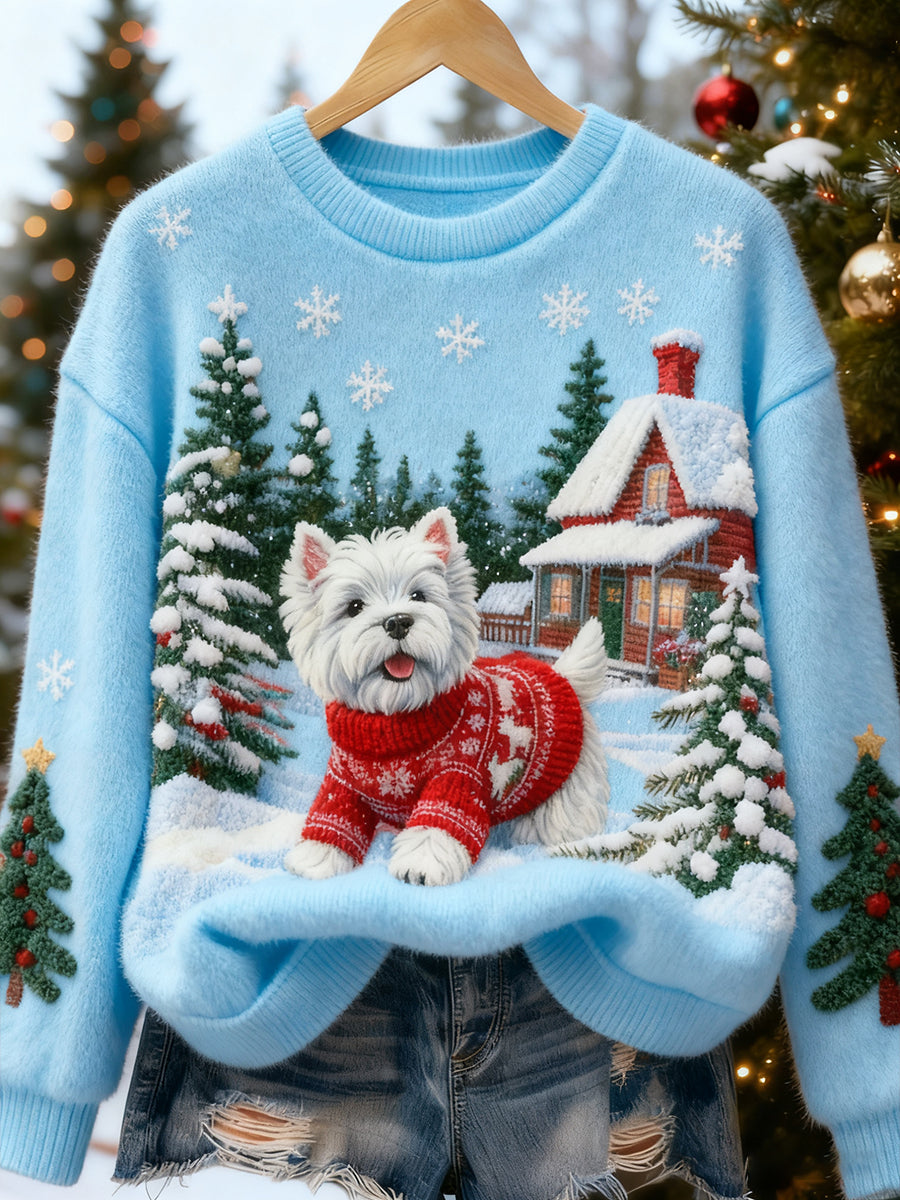 Arte de Natal retro animal feminino impressão Casual flanela Top