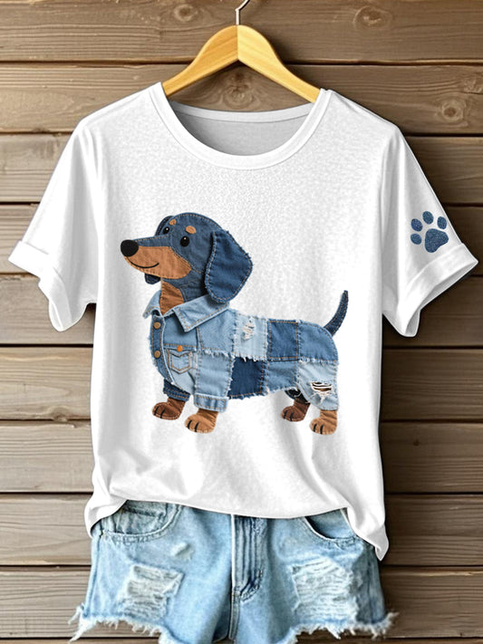 Denim Patchwork arte Dachshund padrão t-shirt do mulheres