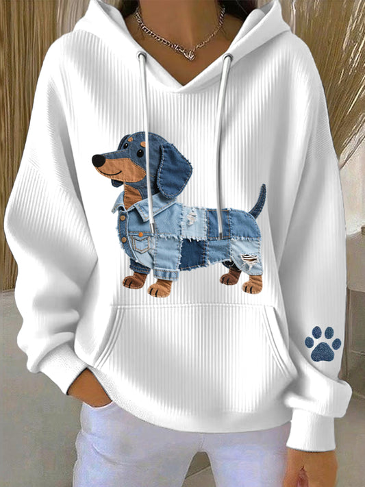 Denim Patchwork arte Dachshund padrão Hoodie do mulheres
