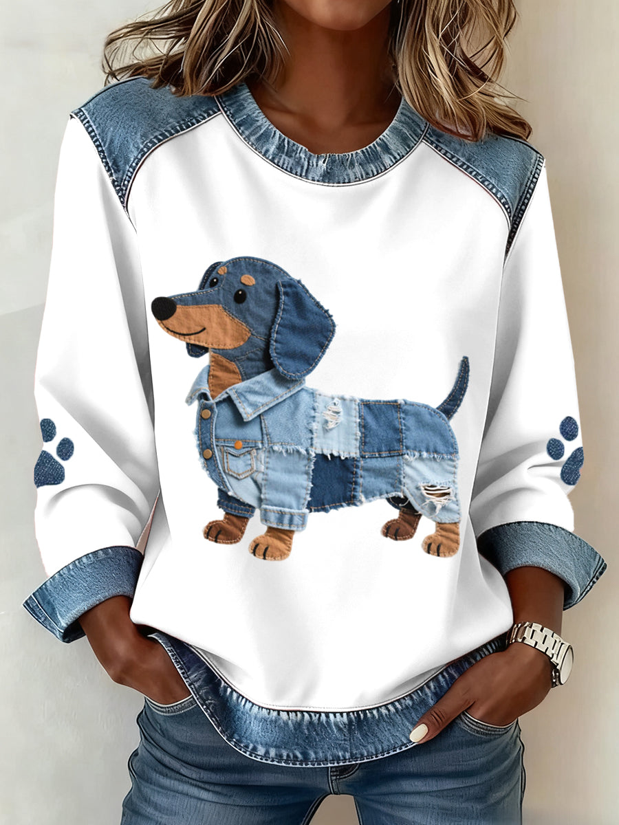 Dachshund padrão Denim Patchwork arte moletom do mulheres