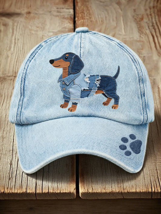 Unisex Denim Patchwork Art Dachshund Dog Pattern lavado chapéu