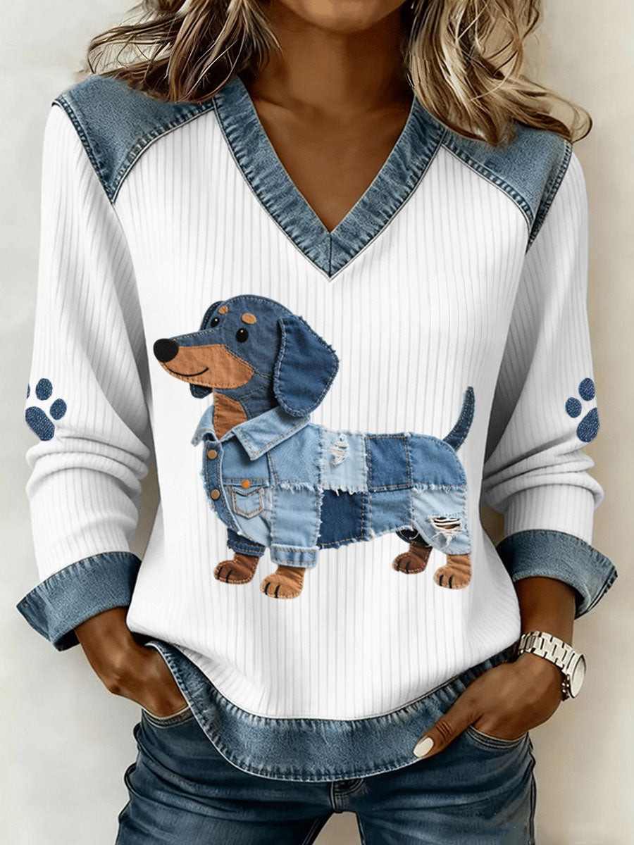 Padrão bonito Dachshund Denim Patchwork Art V-Neck Top do mulheres