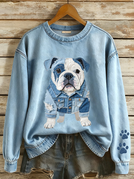 Denim Patchwork arte buldogue francês padrão moletom do mulheres