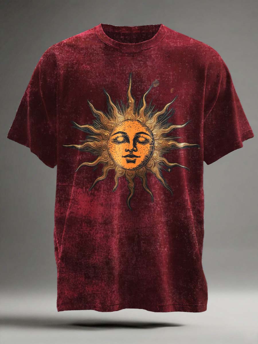 Sol Retro Abstrato Imprimir Camiseta Casual de Manga Curta